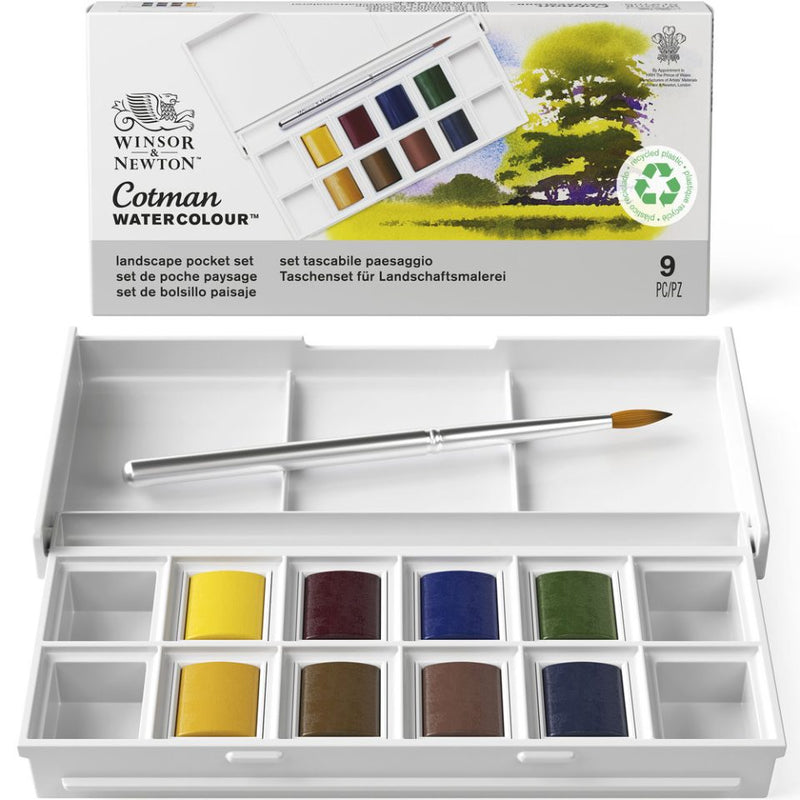 Winsor & Newton Cotman Watercolour Half Pans Pocket Sets (Set of 8 + Brush)