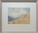 Framed landscape painting of a mountainous scene with trees.