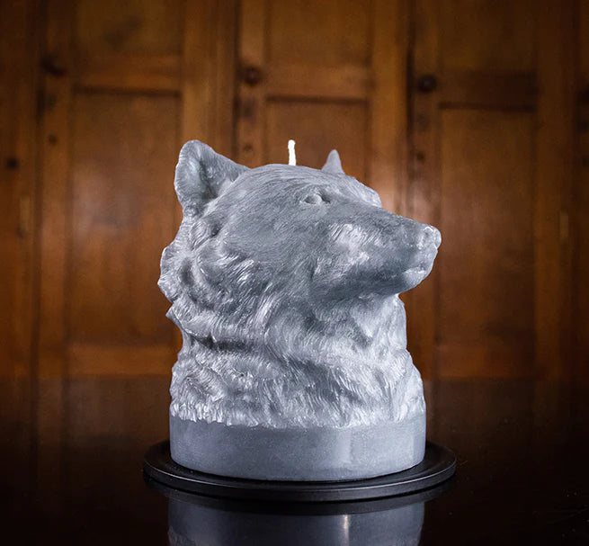 Medium Gunmetal Grey Wolf Head Candle (16.5cm)