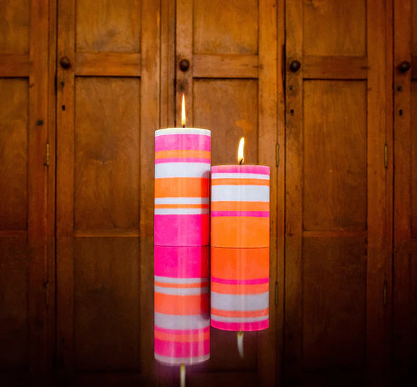 Tall Striped Orange Flame, Willow & Neyron Eco Pillar Candle, 15cm