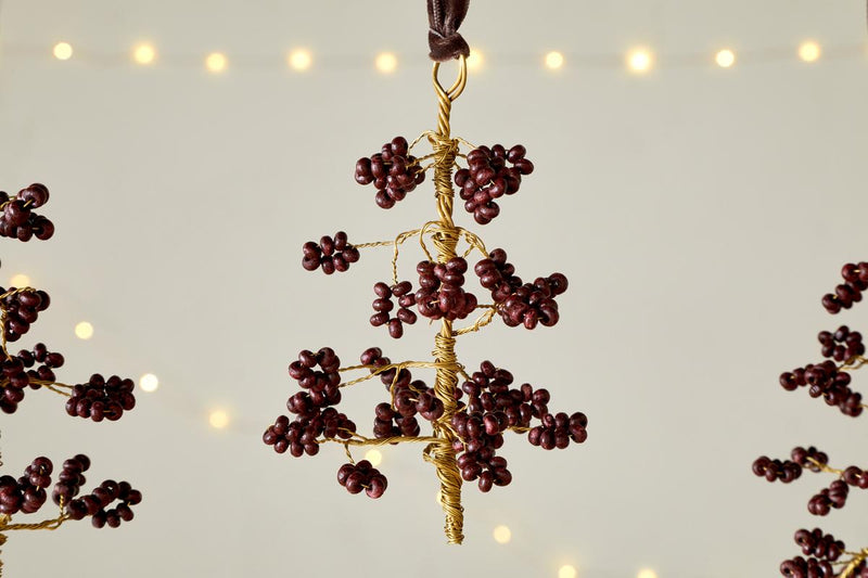 Tanu Mango Wood Beaded Baubles - Brass & Ruby