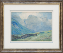 Mickleden and Rossett Pike original watercolour by Alfred Heaton Cooper, shown in its metallic frame and layered cream mount